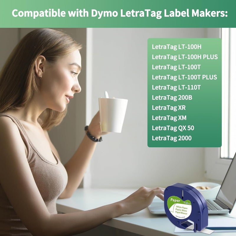 Wonfoucs 4 Pack Compatible for Dymo White Paper Label Refill 1/2 x 13 91330, Compatible with Dymo Letratag Tape Label Maker Refills Letratag Replacement for 200B LT-100H LT-100T Plus QX50 XR - Image 2